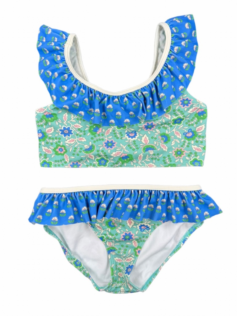 MINI BODEN Girls 2 Pc Floral Print Ruffle Swimsuit - 8-9Y